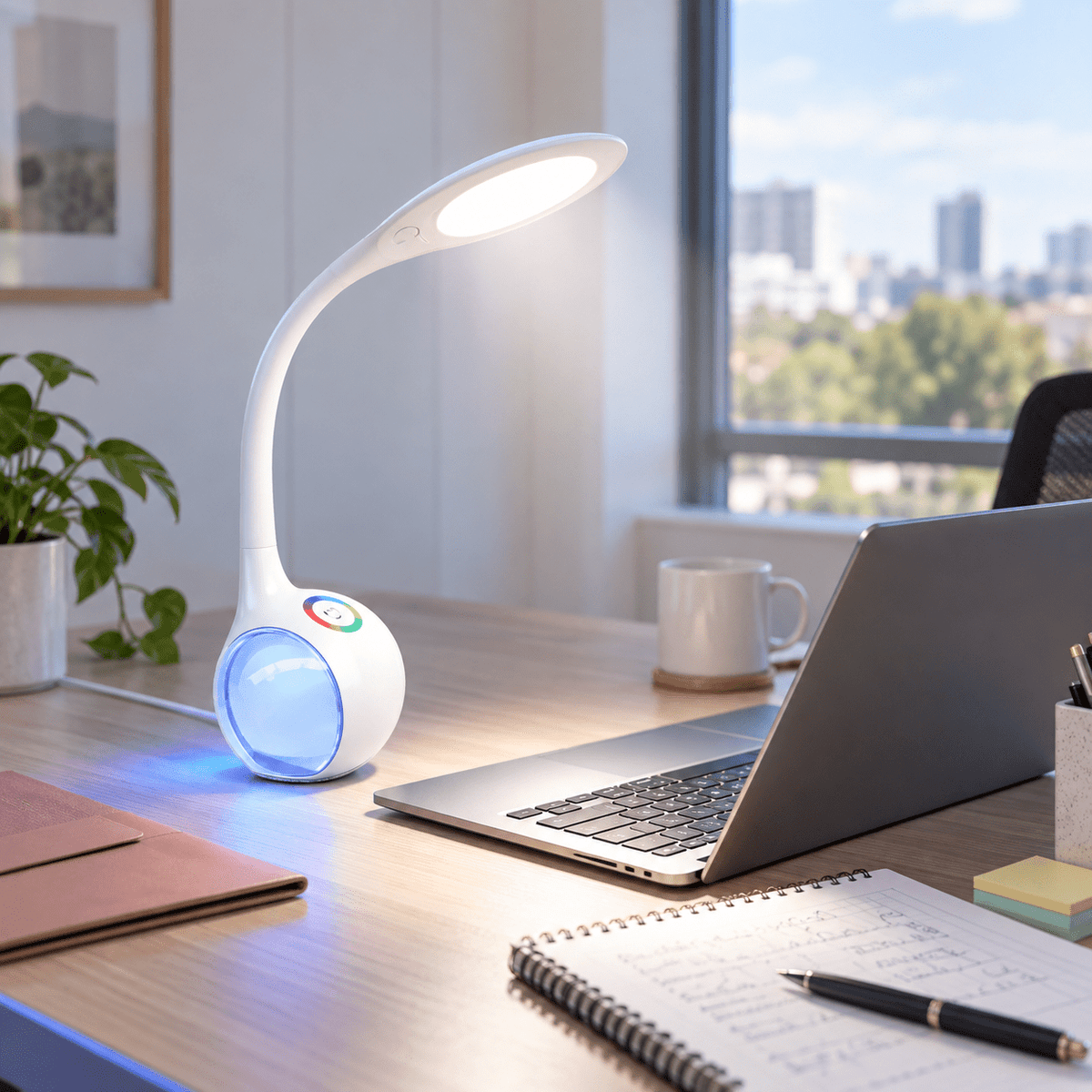 White LED Desk Lamp Dimmable with RGB Colour Changing lifestyle scene: Office workstation by window, bright task lighting with RGB blue edge accent
