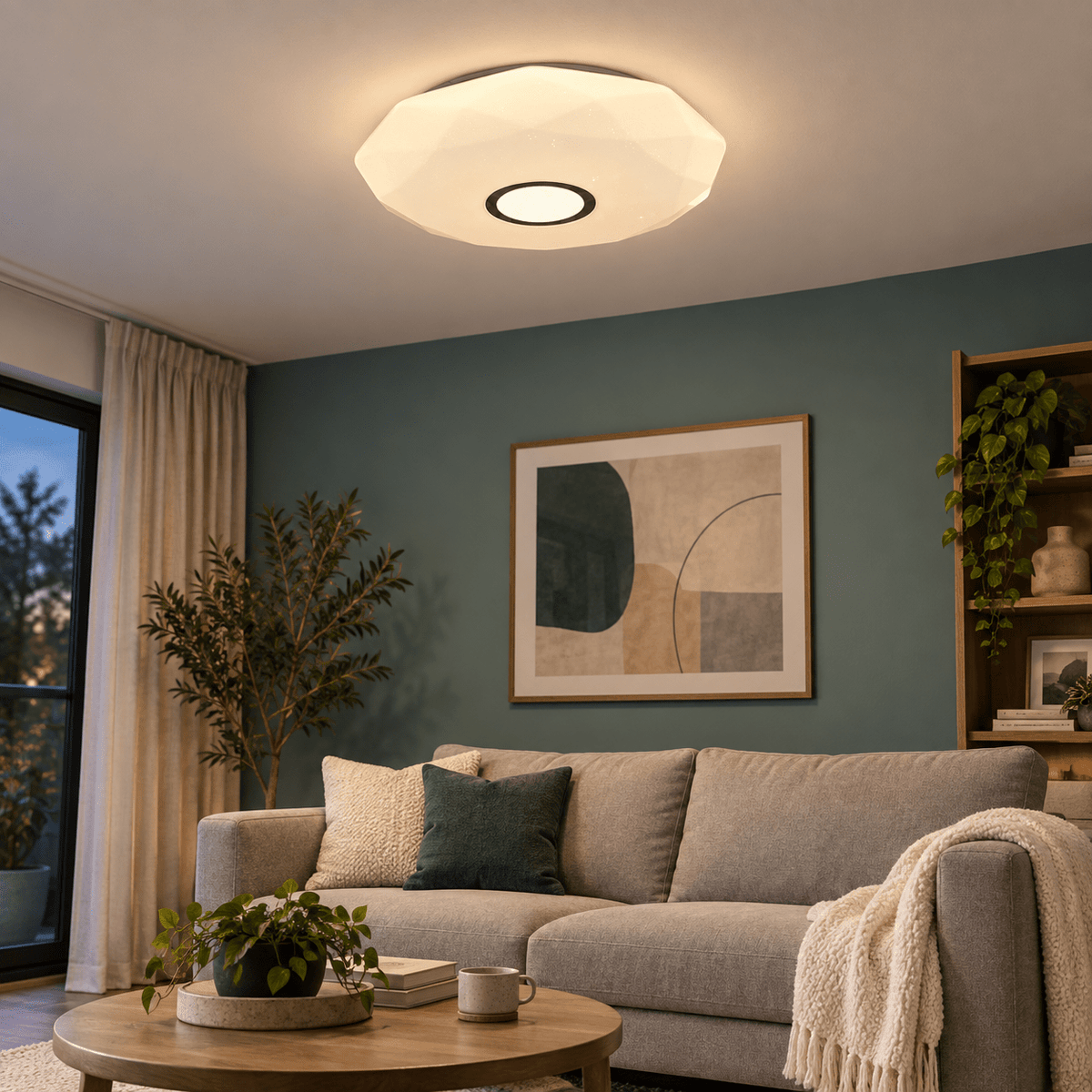 Indoor LED Ceiling Light - 36W Warm White - Coral Crystal Sand Finish lifestyle scene: Living room flush glow on a muted teal wall