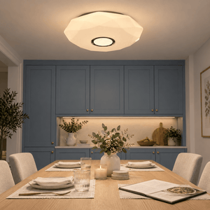 Indoor LED Ceiling Light - 36W Warm White - Coral Crystal Sand Finish lifestyle scene: Dining area flush light over a pale oak table