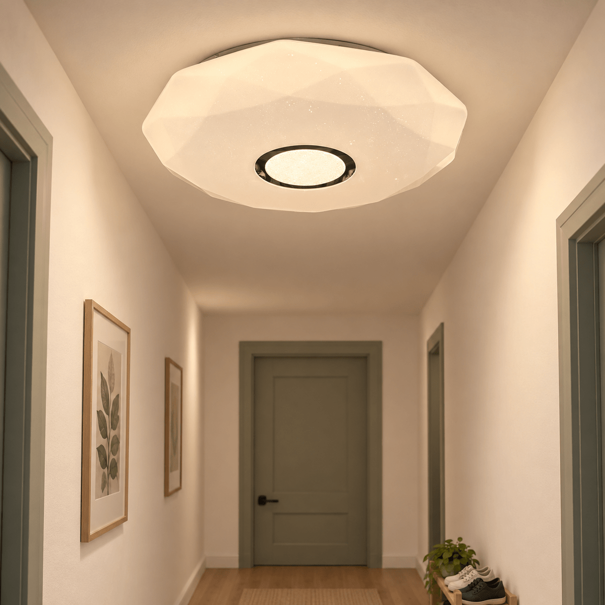 Indoor LED Ceiling Light - 36W Warm White - Coral Crystal Sand Finish lifestyle scene: Ceiling close-up: coral sand diffuser texture in a hallway