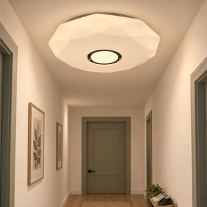 Indoor LED Ceiling Light - 36W Warm White - Coral Crystal Sand Finish lifestyle scene: Ceiling close-up: coral sand diffuser texture in a hallway