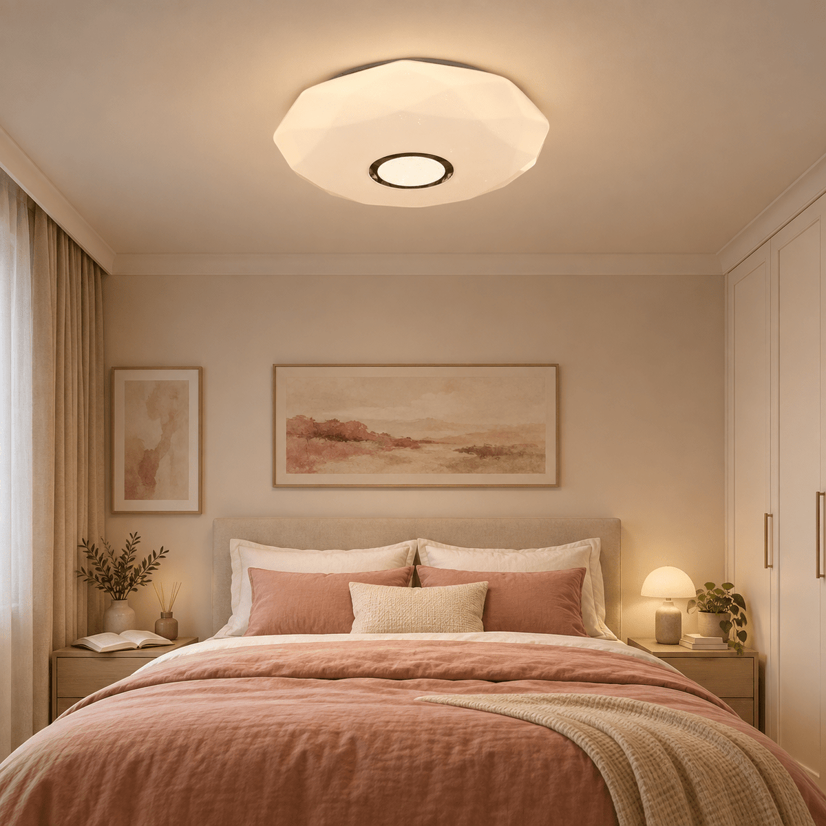 Indoor LED Ceiling Light - 36W Warm White - Coral Crystal Sand Finish lifestyle scene: Bedroom flush glow with warm linen and off-white cabinetry