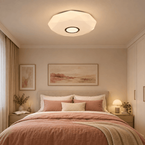 Indoor LED Ceiling Light - 36W Warm White - Coral Crystal Sand Finish lifestyle scene: Bedroom flush glow with warm linen and off-white cabinetry