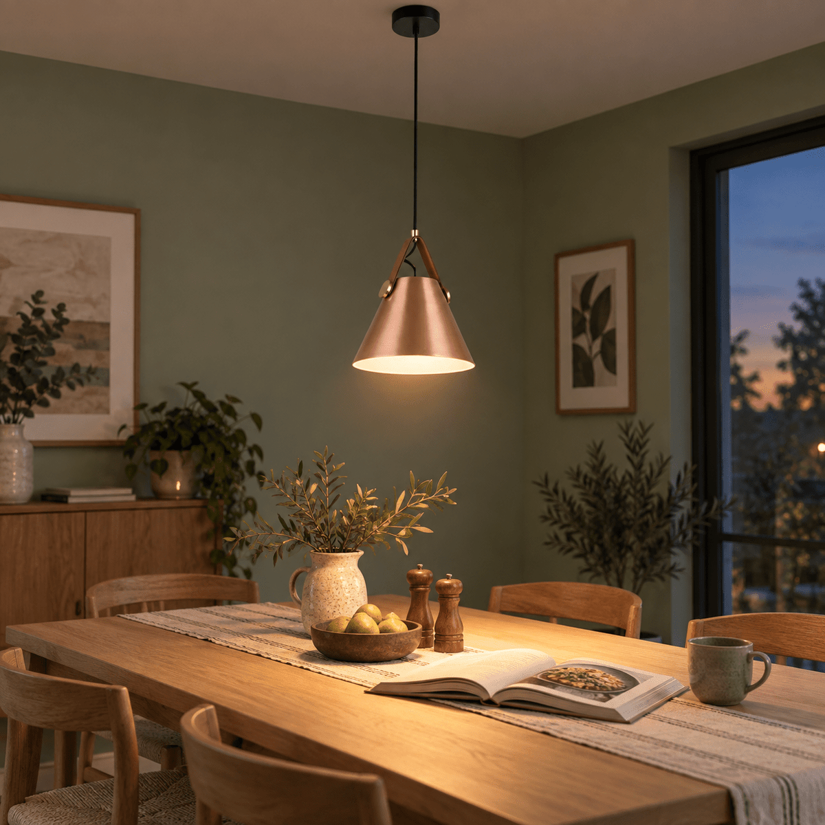 Copper Pendant Light Aisha - Leather & Iron Cone Design lifestyle scene: Copper pendant above a dining table (dusk)