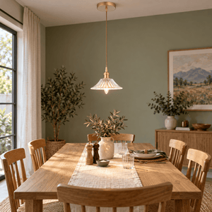 Vintage Cut Glass Pendant Light Satin Gold - Anika lifestyle scene: Dining table pendant with muted sage walls