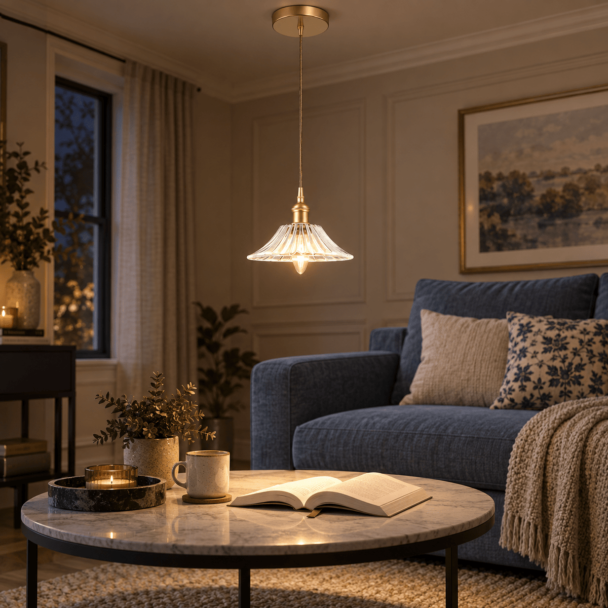 Vintage Cut Glass Pendant Light Satin Gold - Anika lifestyle scene: Reading corner pendant over a coffee table