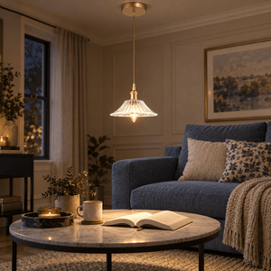 Vintage Cut Glass Pendant Light Satin Gold - Anika lifestyle scene: Reading corner pendant over a coffee table