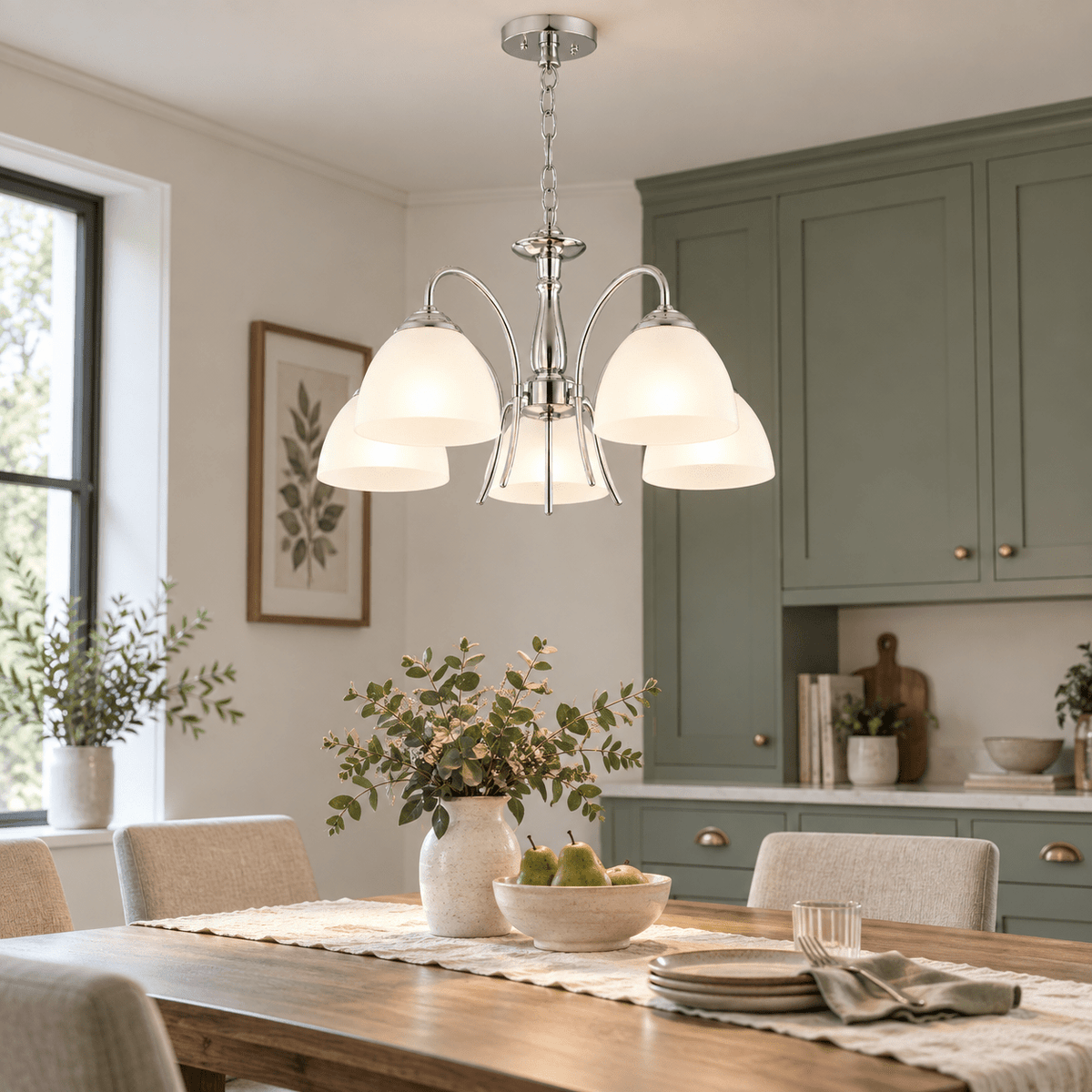 Chandelier Polished Chrome with Frosted Glass 5-Light lifestyle scene: Dining Room Feature Over a Small Table