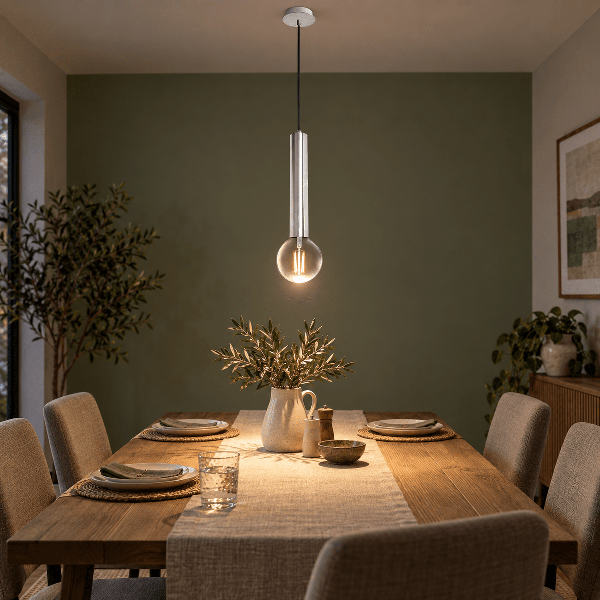 Grace Satin Chrome Pendant Light lifestyle scene: Dining table glow with satin chrome pendant
