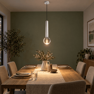Grace Satin Chrome Pendant Light lifestyle scene: Dining table glow with satin chrome pendant