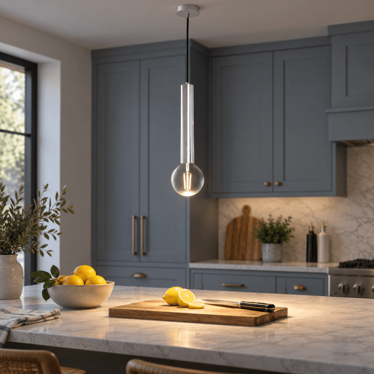 Grace Satin Chrome Pendant Light lifestyle scene: Kitchen island task light with pendant over food prep