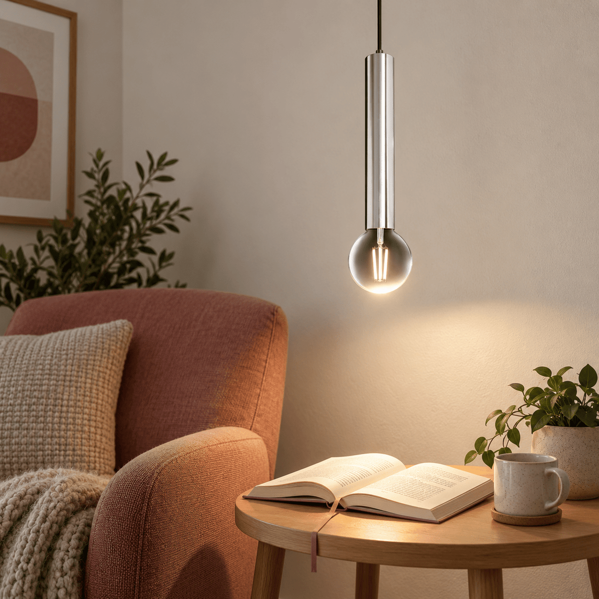 Grace Satin Chrome Pendant Light lifestyle scene: Close detail of satin chrome pendant over a quiet reading corner
