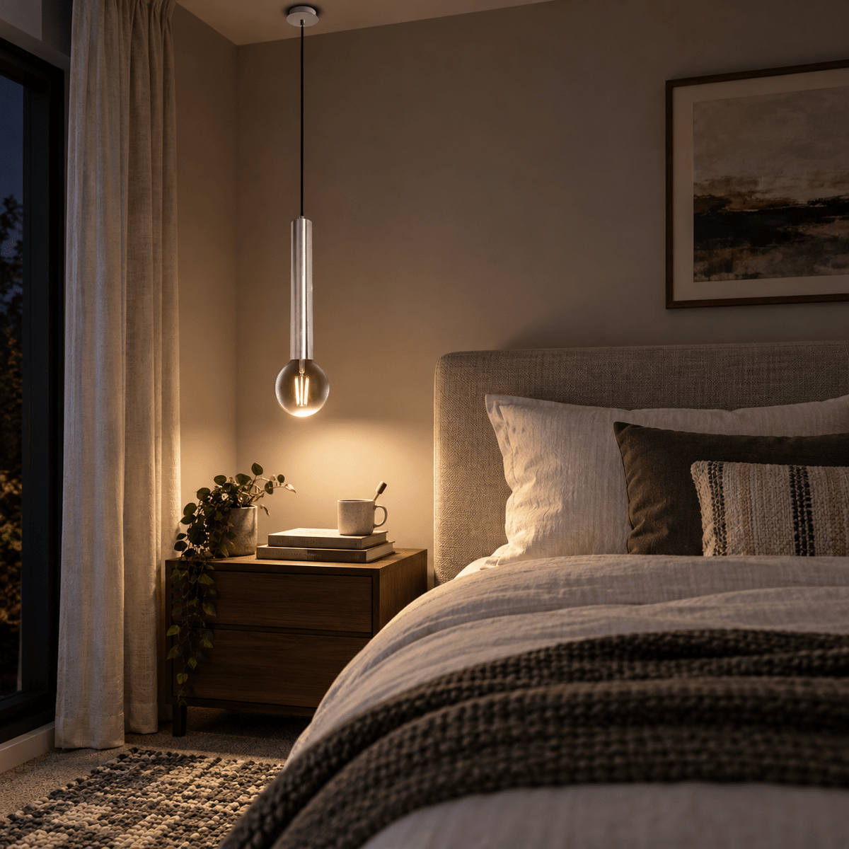 Grace Satin Chrome Pendant Light lifestyle scene: Bedroom bedside pendant glow beside a muted patterned rug