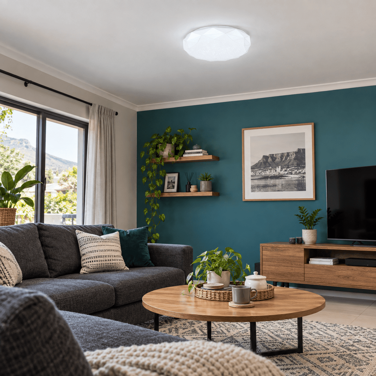 Cool White LED Ceiling Light - Hexagonal 12W lifestyle scene: Living room, hex flush on a feature wall