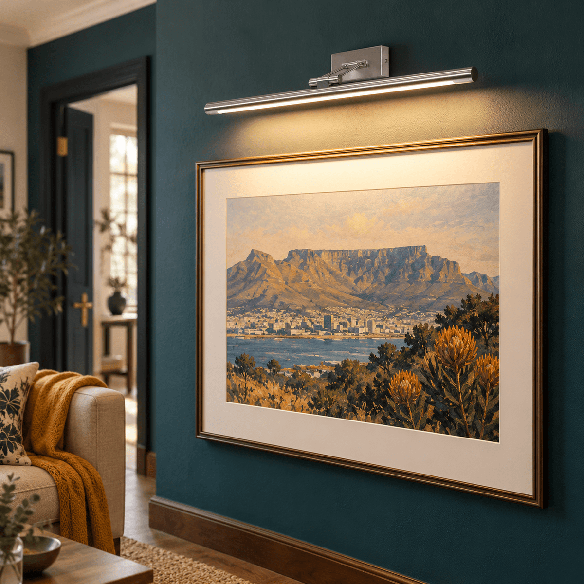 Asha Satin Picture Light 8W LED - Warm White lifestyle scene: Living room gallery wall, above a framed print