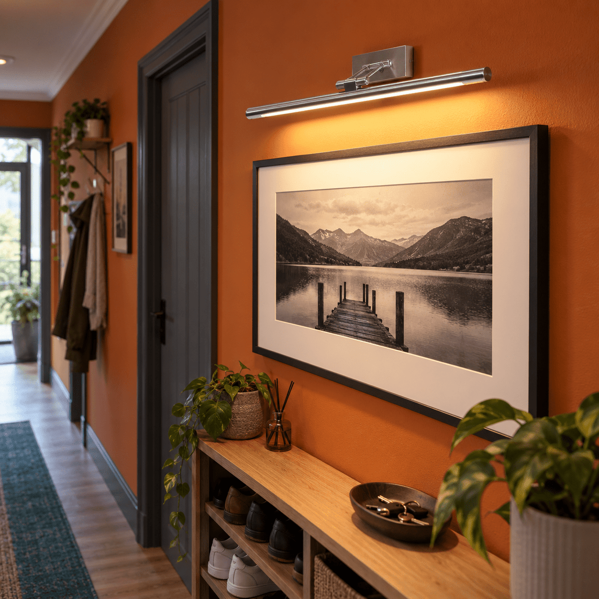 Asha Satin Picture Light 8W LED - Warm White lifestyle scene: Hallway statement photograph, narrow vertical light highlight
