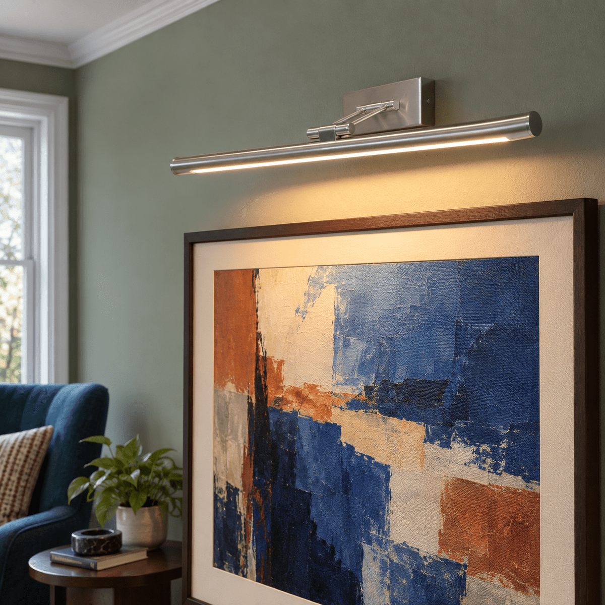 Asha Satin Picture Light 8W LED - Warm White lifestyle scene: Bright living room with warm highlight on framed canvas (closer detail)