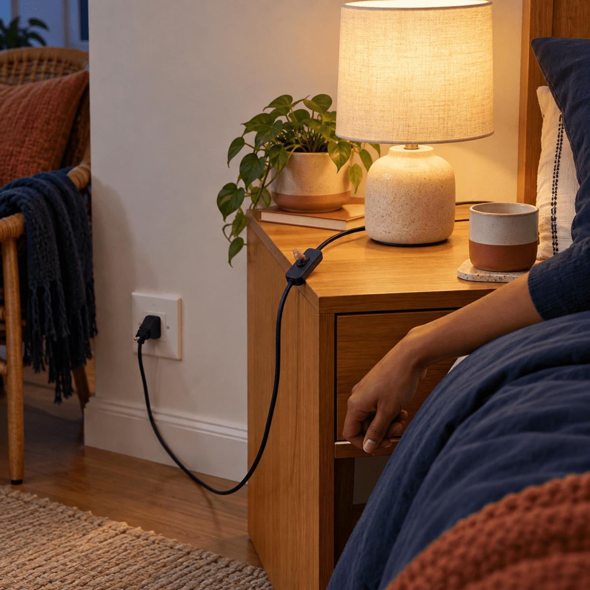 2 Core Cable with Switch & Plug - 1.8m Black Power Cord lifestyle scene: Bedroom bedside plug-in control