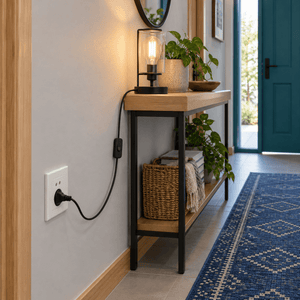 2 Core Cable with Switch & Plug - 1.8m Black Power Cord lifestyle scene: Corridor display sconce with plug-in lamp