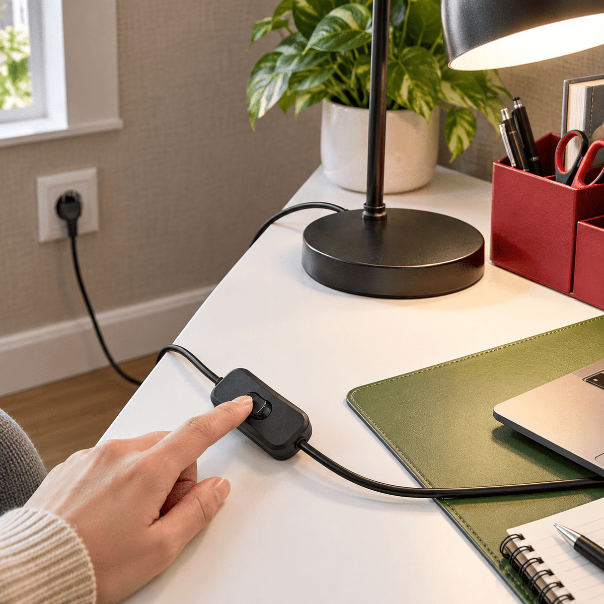 2 Core Cable with Switch & Plug - 1.8m Black Power Cord lifestyle scene: Study desk lamp build, close detail of switch + plug