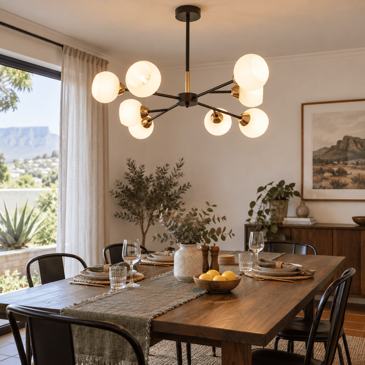 Dalia Black & Gold Chandelier - 8 Light - White Glass lifestyle scene: Dining centrepiece in a Cape Town–style home