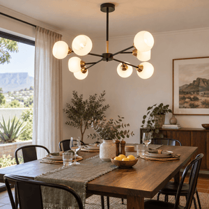 Dalia Black & Gold Chandelier - 8 Light - White Glass lifestyle scene: Dining centrepiece in a Cape Town–style home