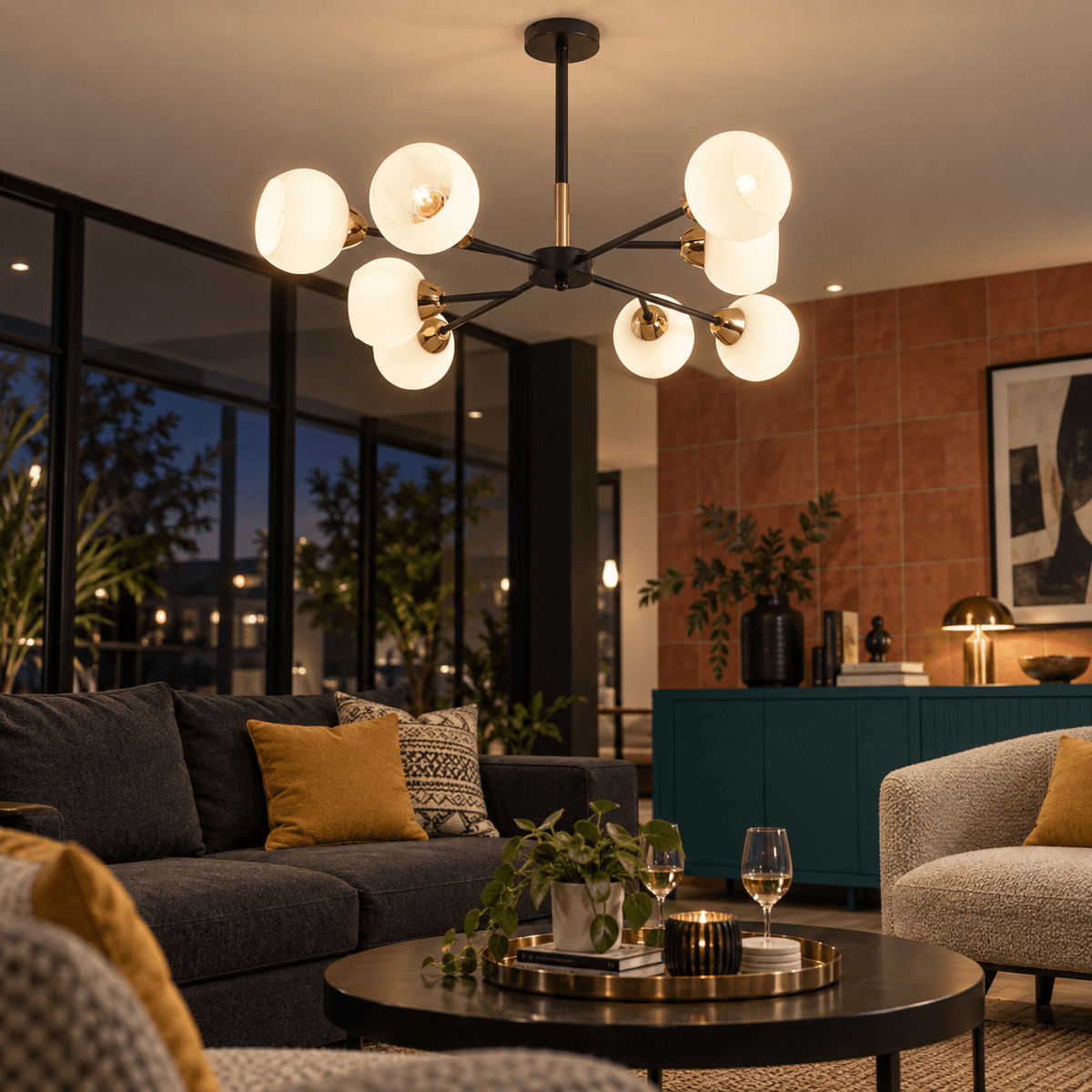 Dalia Black & Gold Chandelier - 8 Light - White Glass lifestyle scene: Open-plan reception lounge with warm seating