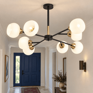 Dalia Black & Gold Chandelier - 8 Light - White Glass lifestyle scene: Close detail view of ceiling cup + glass shades