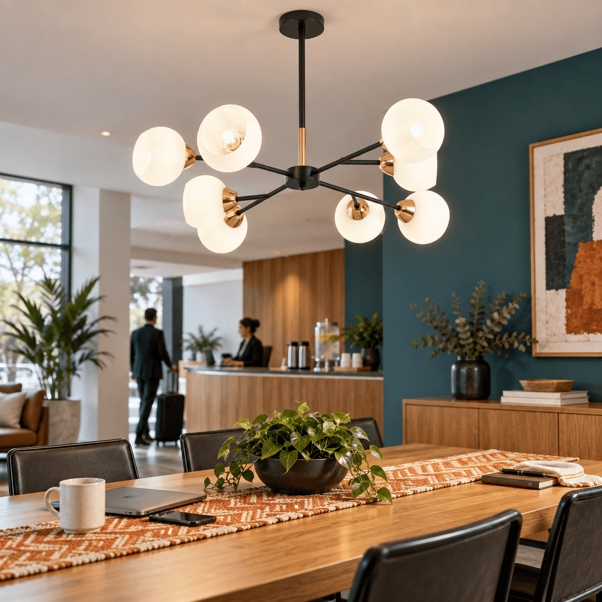 Dalia Black & Gold Chandelier - 8 Light - White Glass lifestyle scene: Reception table vignette with chandelier overhead (angled view)