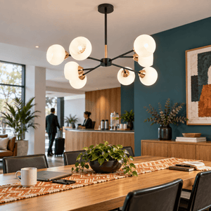 Dalia Black & Gold Chandelier - 8 Light - White Glass lifestyle scene: Reception table vignette with chandelier overhead (angled view)
