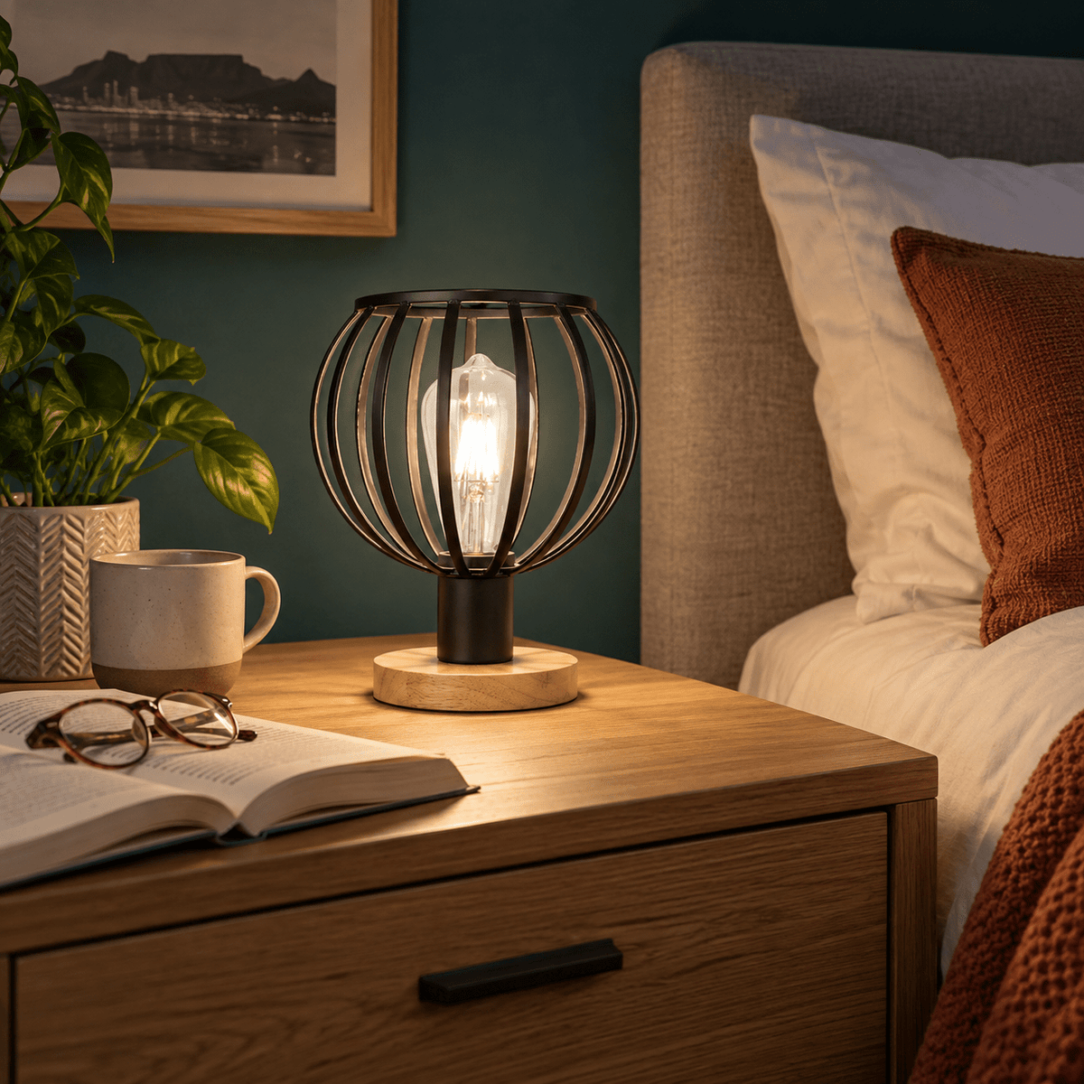 Beatriz Light Wood Table Lamp Metal Finish Minimalist Design lifestyle scene: Nightstand reading in a deep teal bedroom