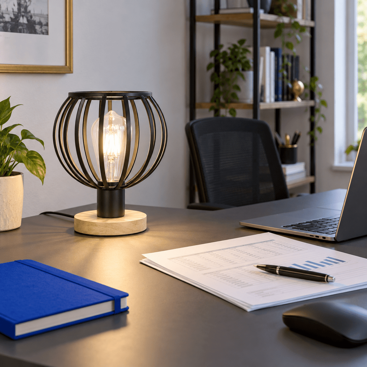 Beatriz Light Wood Table Lamp Metal Finish Minimalist Design lifestyle scene: Home office desk task lighting beside a keyboard