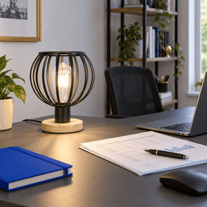 Beatriz Light Wood Table Lamp Metal Finish Minimalist Design lifestyle scene: Home office desk task lighting beside a keyboard