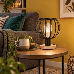 Beatriz Light Wood Table Lamp Metal Finish Minimalist Design lifestyle scene: Living room side table accent with warm neutral evening