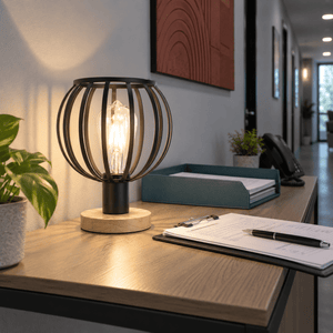 Beatriz Light Wood Table Lamp Metal Finish Minimalist Design lifestyle scene: Hotel-style corridor vignette with desk lamp for paperwork
