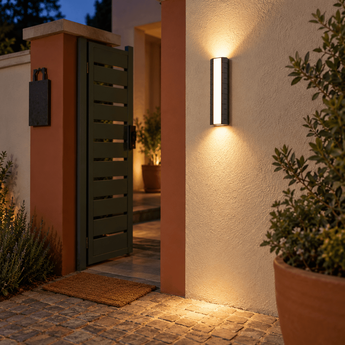 James Black Outdoor LED Wall Light LED IP65 lifestyle — Gate-side entry up/down glow
