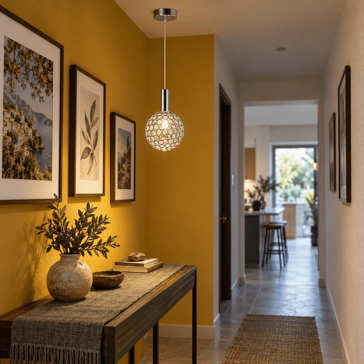 Alex Chrome LED Pendant Light 15W lifestyle — Passage with warm accent: hallway gallery wall