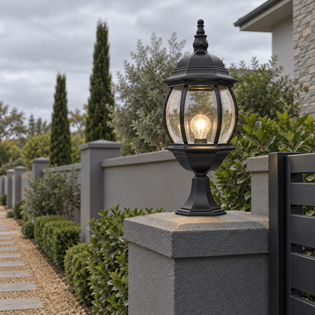 John Black Outdoor Pillar Lantern IP44 lifestyle scene 2