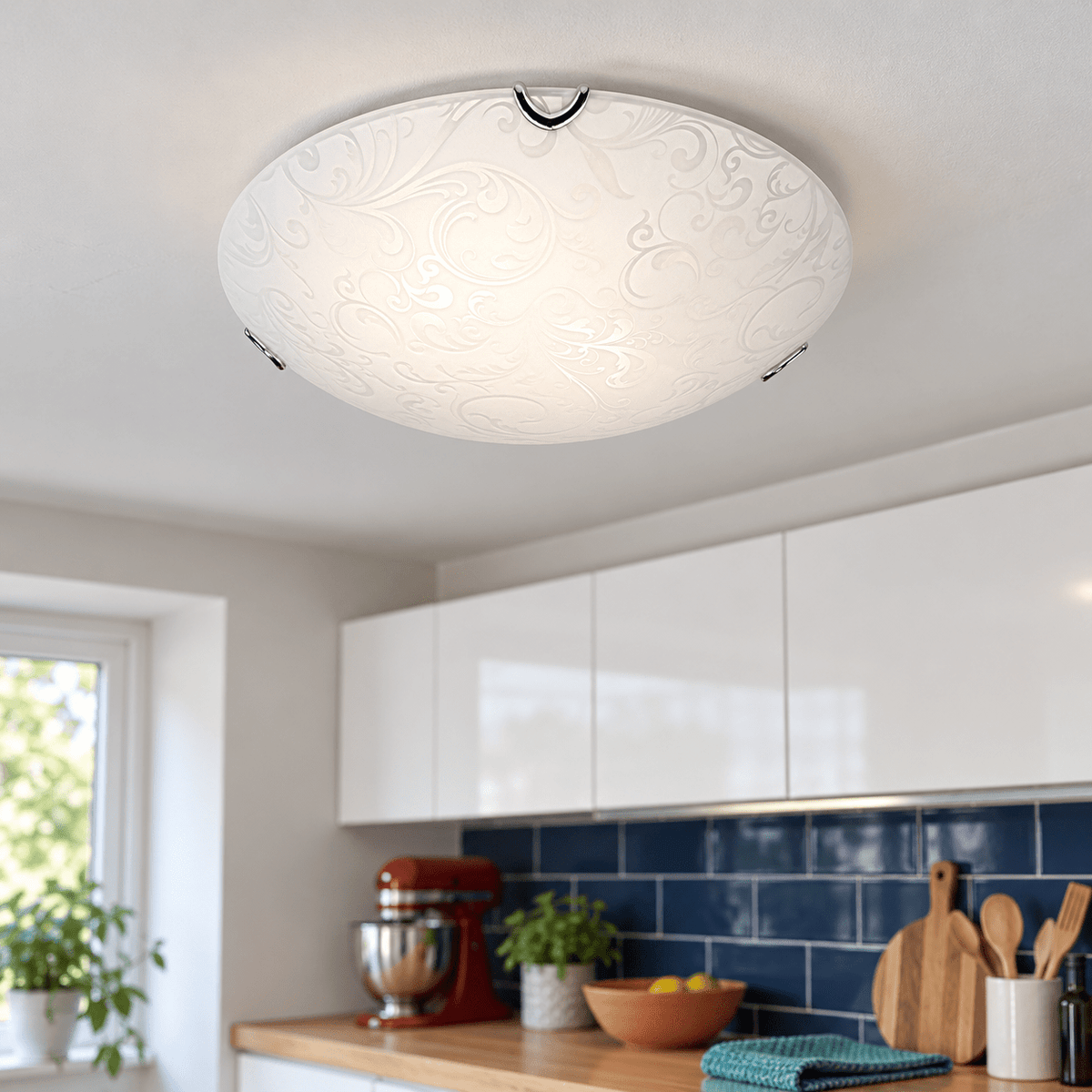 Bright Star Chrome Ceiling Light lifestyle — Close detail view: chrome clips and patterned glass on a kitchen living boundary