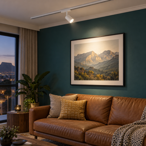 White GU10 Spot Light for 3-Wire Tracks lifestyle — Living-room feature wall at dusk (track spotlight aiming to artwork)