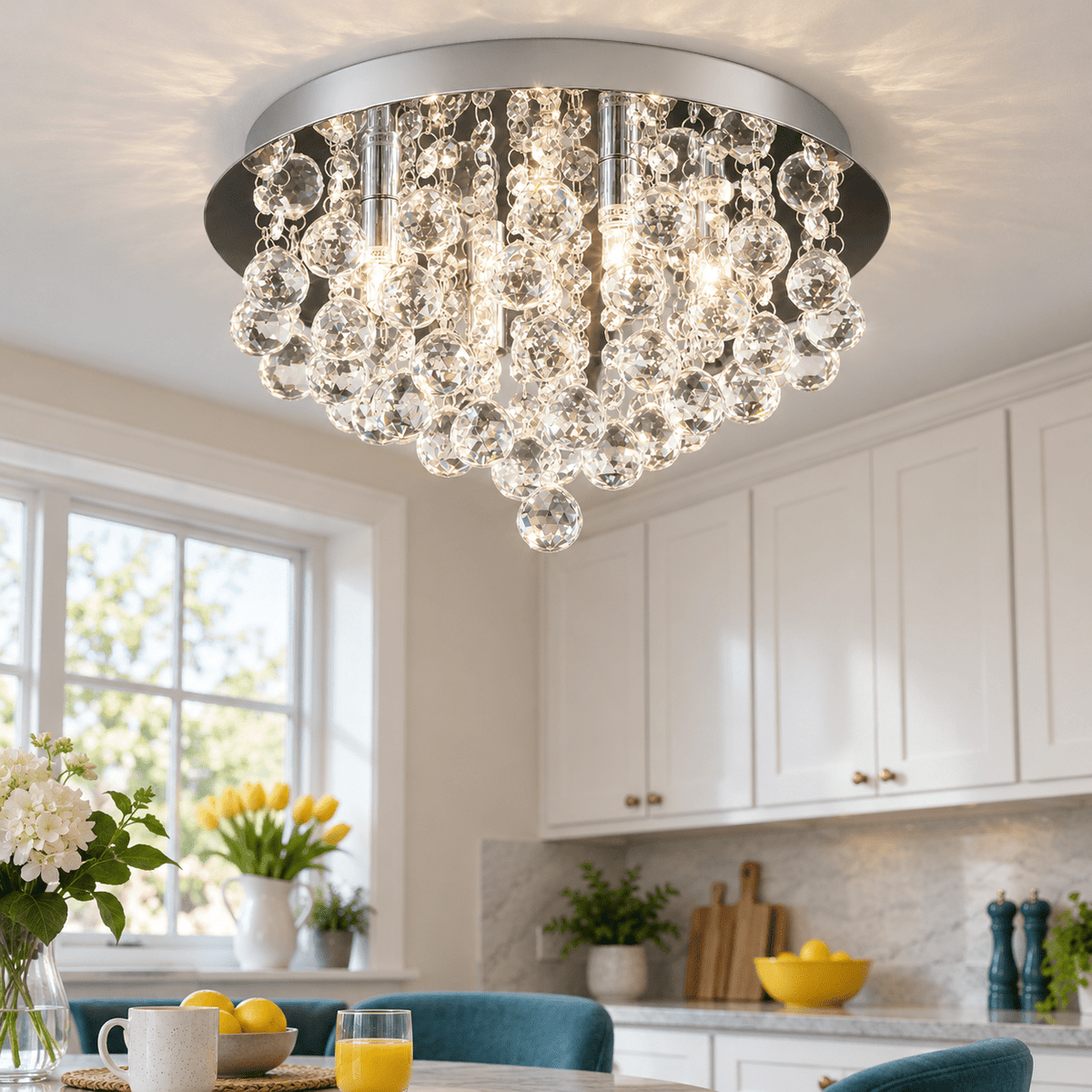 Reina Chrome Crystal Ceiling Light lifestyle — Close, detailed flush ceiling view over a bright kitchen dining nook