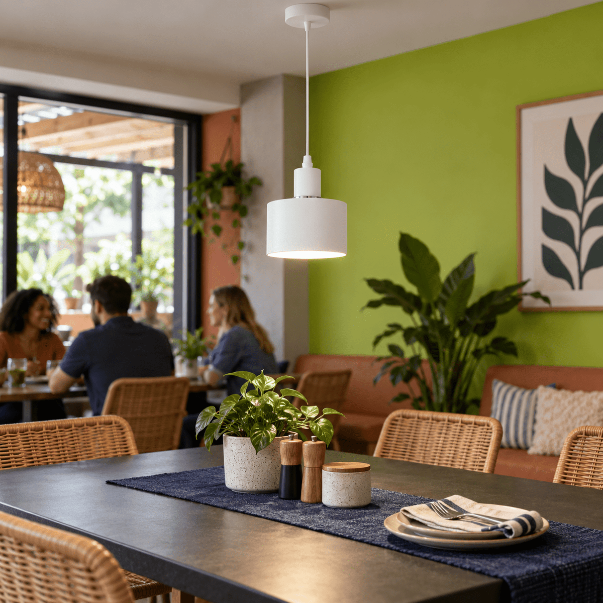White Metal Pendant Light Adjustable Cord E27 Base lifestyle — Café-style communal table in a covered interior space