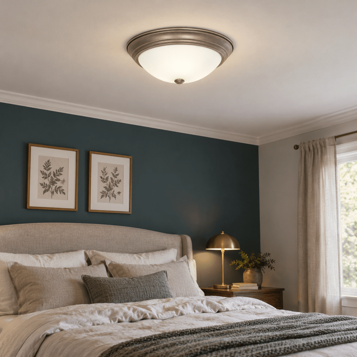 Lifestyle image: PROMPT 1 — Warm bedroom flush ceiling glow