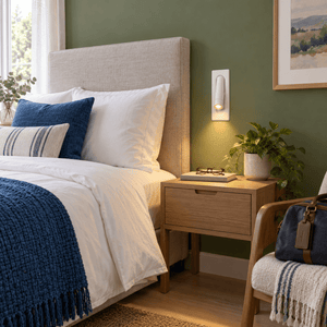 Lifestyle image: PROMPT 3 — Guest bedroom headboard wall (daylight with ON wall light)