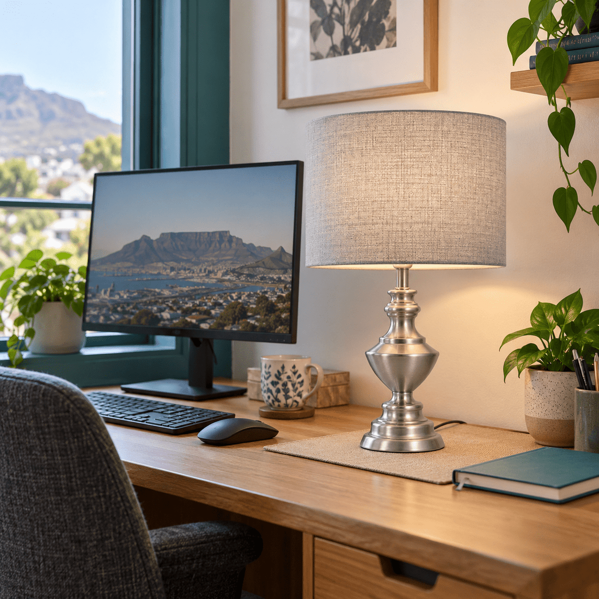 Satin Chrome Table Lamp - Smoke Shade — Morning home office desk glow