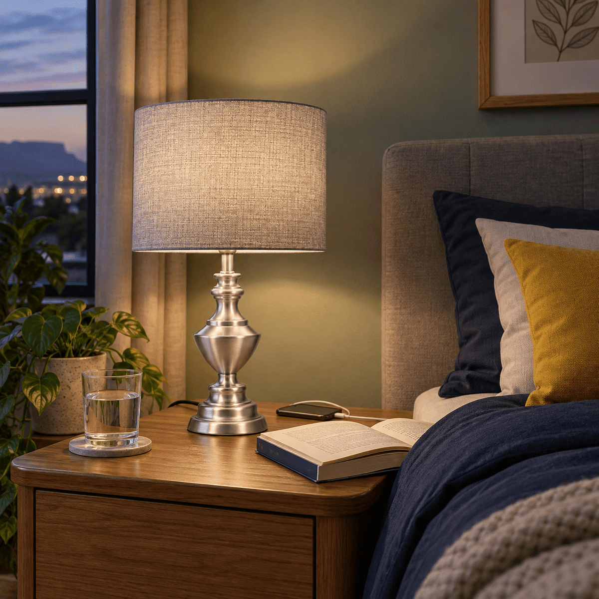 Satin Chrome Table Lamp - Smoke Shade — Evening bedside calm routine