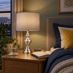 Satin Chrome Table Lamp - Smoke Shade — Evening bedside calm routine