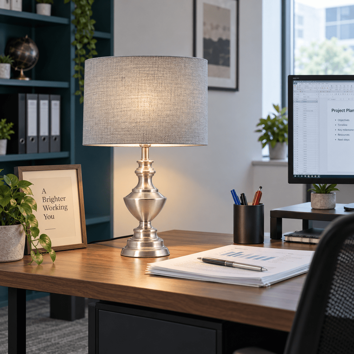 Satin Chrome Table Lamp - Smoke Shade — Office side table working light (daylight with subtle spill)