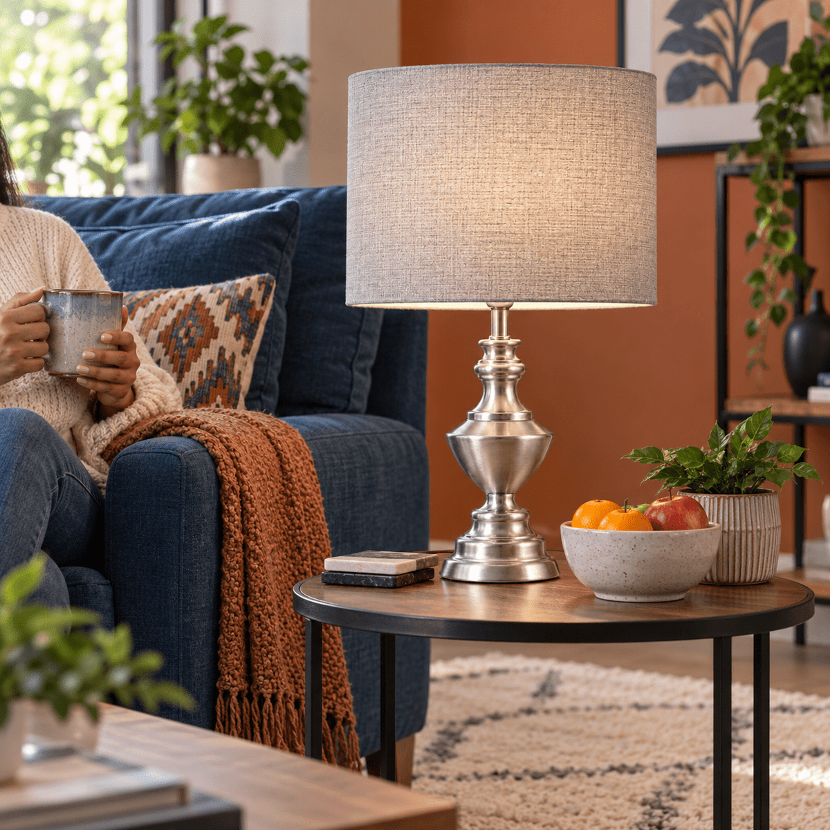 Satin Chrome Table Lamp - Smoke Shade — Afternoon lounge side table with warm texture palette
