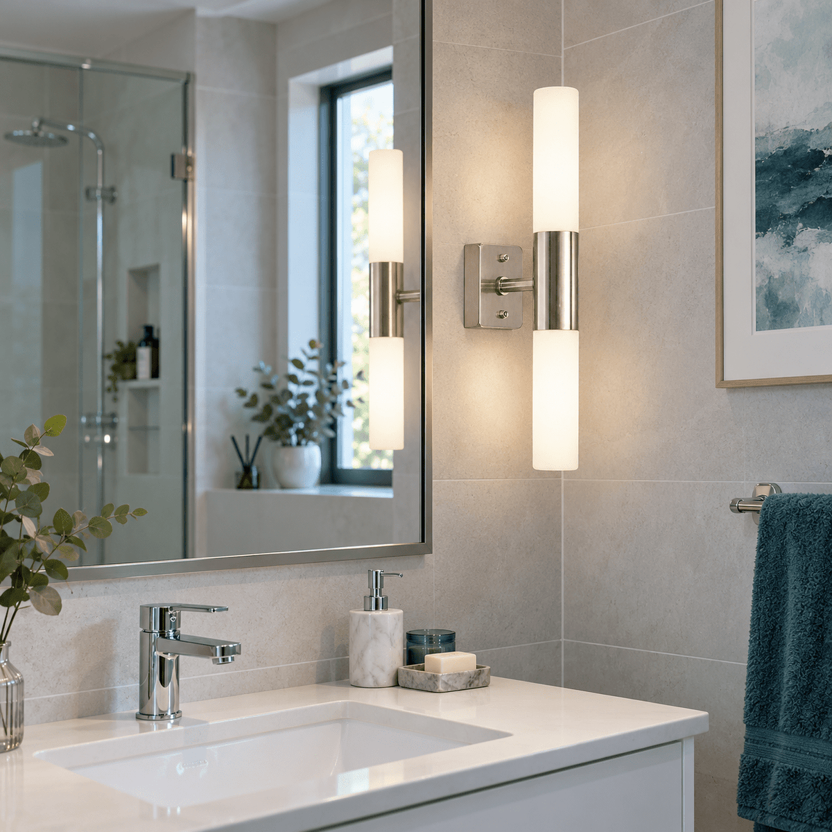 Satin Chrome Indoor Wall Light — Morning bathroom mirror grooming